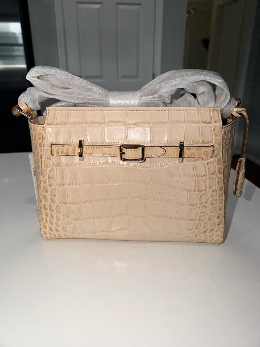 Brahmin Cream Croc-Embossed Crossbody with Gold Hardware